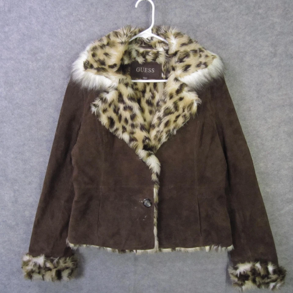 Guess куртка женщин большой коричневый искусственной замши леопард искусственного меха отделки пальто зима - Изображение 1 из 4