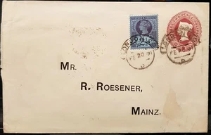 1889 QV 2½d STO red stationery env+2½d stamp used LONDON FS scroll cancel 1891 - Picture 1 of 1