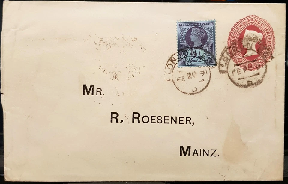 1889 QV 2½d STO red stationery env+2½d stamp used LONDON FS scroll cancel 1891 - Image 1 of 1