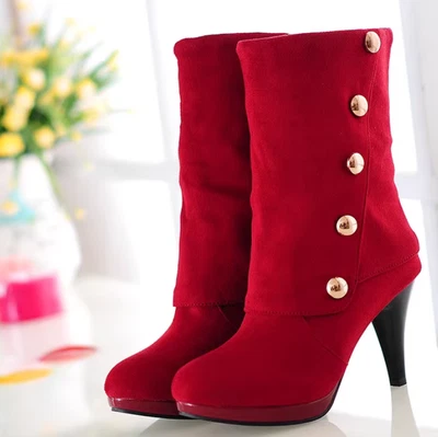 Mujeres Moda Botines Tacones Altos Invierno Mujer Rojo Botones Decoración Zapatos Nuevos Foto 1 de 4
