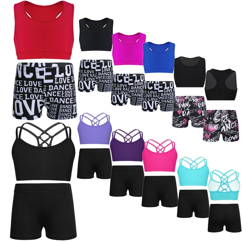 UK Girls Gym Sports Outfits 2 Piece Crop Top with Shorts Set Swimming Training - Image 1 of 1