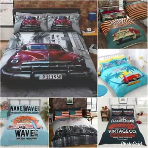 Retro Garage American Duvet Cover Set USA Flag Classic Car Route 66 Bedding Set - Picture 1 of 20