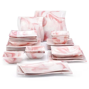 MALACASA Flora 26-Piece Bowl and Plate Set Marble Pink Porcelain Dinnerware Set - Picture 1 of 12