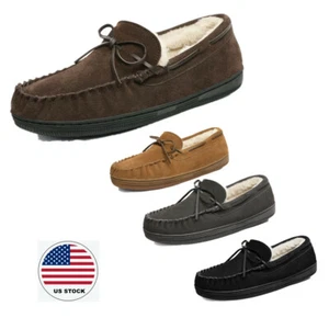 Men's Moccasin Slippers Fuzzy Plush House Shoes Indoor Outdoor Fleece Loafers - Picture 1 of 27