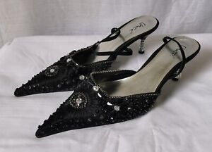 UNZE black satin bead & sequin sling back kitten heel evening shoes size 6