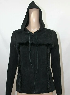 Chaqueta de Gamuza Cynthia Steffe Negra Cremallera Borde de Piel Delantero Tejido Trasero Mangas Capucha S Foto 1 de 4
