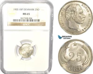 AC803, Denmark, Christian IX, 25 Øre 1905, Copenhagen, Silver, NGC MS65 - Picture 1 of 1