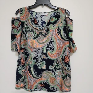 FAB'RIK Large Paisley Cold Shoulder V Neck Western Boho Hippie Blouse Black - Picture 1 of 11