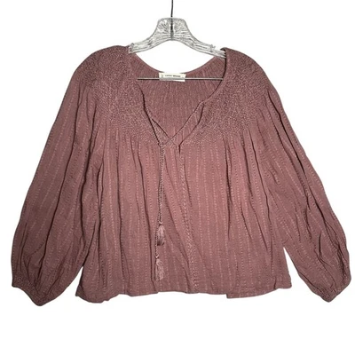 Lucky Brand Small Womens Blouse Top Peasant Tie Neck Long Sleeve Embroidered - Image 1 of 4