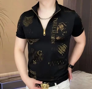 New Men Luxury Diamond Tiger Rhinestones Fashion Black Polo T-Shirt High Quality - Picture 1 of 5