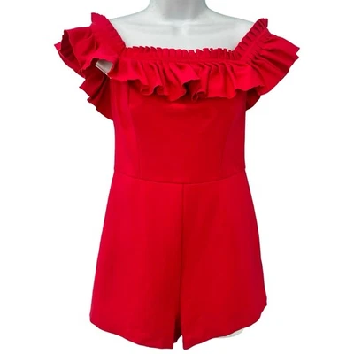 Pantalones Cortos Mameluco Urban Outfitters Rojo Cereza Rouge Hombro Descubierto Volantes Brezo Talla 2 Foto 1 de 4