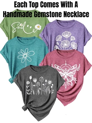 Women’s Graphic Boho Floral Prints Short Sleeve Casual Top + Handmade Necklace - Image 1 of 4