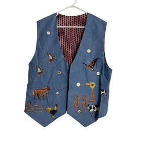 Vintage Handmade Farm Animals Vest Size Large Ducks Rooster Cow Horse Windmill - Picture 1 of 9