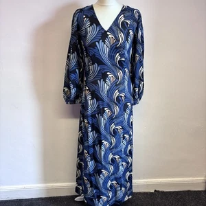 Mint Velvet Midi Dress Size 8 Blue Patterned Balloon Sleeves - Picture 1 of 12