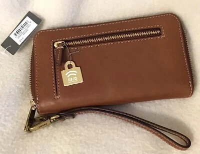 FOSSIL EMMA CUERO MUÑECA CLUTCH CARTERA CON CORREA PARA MUÑECA RFID CREMALLERA MARRÓN NUEVO CON ETIQUETAS Foto 1 de 3
