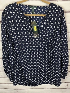 NWT Lauren Ralph Women's Size 2X Blue/White Long Sleeve V-Neck Blouse - Picture 1 of 6