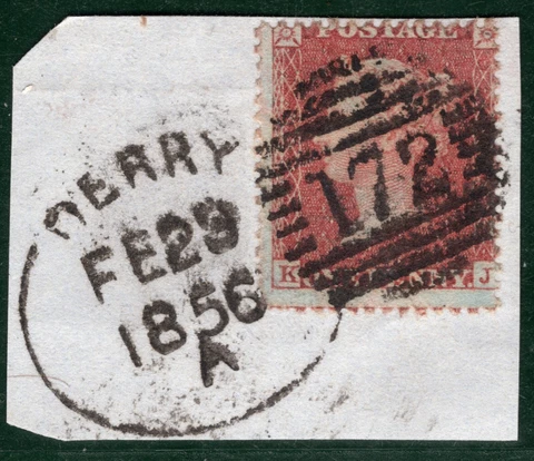 GB Ireland QV PENNY RED SG.40 Piece DERRY SPOON 1856 English Type RBR128 Cover