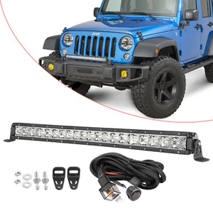 For JEEP Wrangler JK JL Hood 20" LED Light Bar Single Row Slim Offroad w/ Wiring - Picture 1 of 24