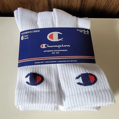 Champion 6pk Calcetines Crew Logo Soporte Arco Doble Seco Acolchado Mujer Zapato 5-9 Foto 1 de 4