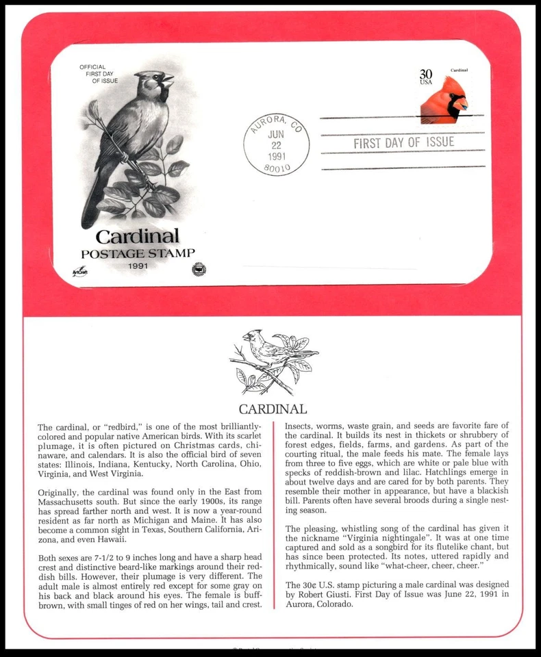 1990 Cardinal, Scott 2480 FDC PCS panel, state bird, redbird illustration - Image 1 of 1