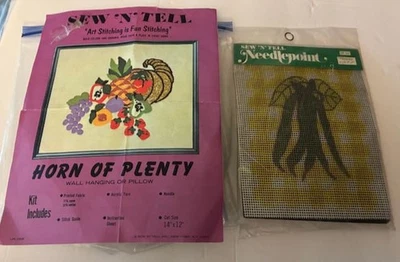 Vintage Lot of 2 Sew N' Tell Kits Needlepoint Plant & Crewel Horn of Plenty - Image 1 of 4