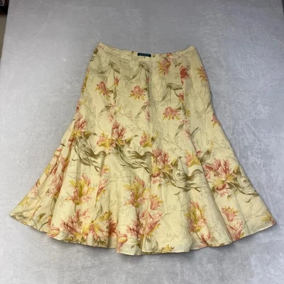Falda midi floral Lauren Ralph Lauren amarillo rosa mezcla de lino para mujer talla 12 Foto 1 de 4