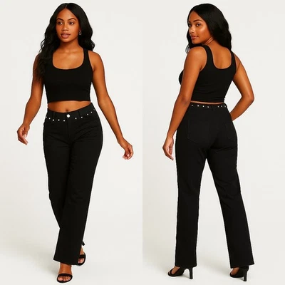 Pantalones negros Rocawear dorados con tachuelas tiro bajo Y2K Streetwear para mujer | Talla 5/6 Foto 1 de 4