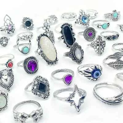 Lote de 50 anillos bohemios antiguos de plata vintage mezcla de mujeres piedra retro dijes Foto 1 de 4