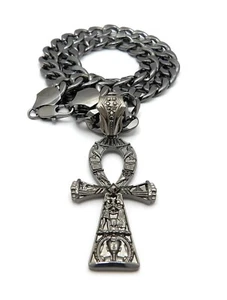 Egyptian Ankh Cross Hematite Plated Pendant & 11mm 20" Cuban Chain Necklace - Picture 1 of 5