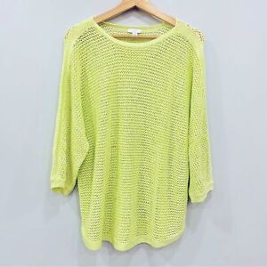 J. JILL Large Yellow Green Open Knit Crochet Scoop Neck Tunic Sweater 3/4 Sleeve