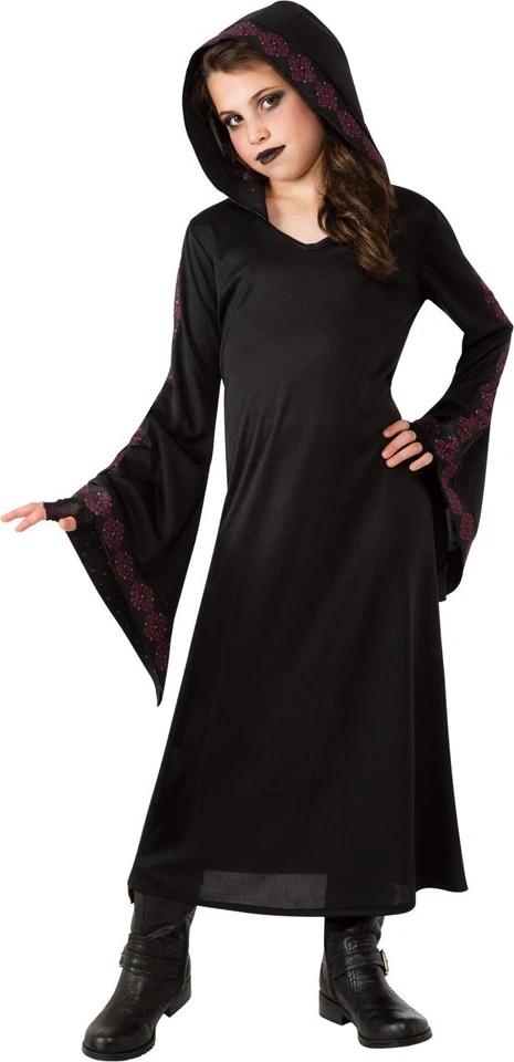 Gothic Priestess Dress Hooded Black Robe Vampire Child Costume, Small 4-6 - Image 1 of 1
