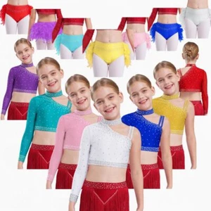 Kids Girls Set Festival Dancewear 2 Piece Outfits Competition Long Sleeve Jazz - Picture 1 of 64