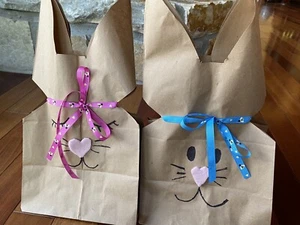 Handcrafted Easter Bunny Goodie Party Bags Lot Of 10 Brown Paper Bag Ribbon - Picture 1 of 5