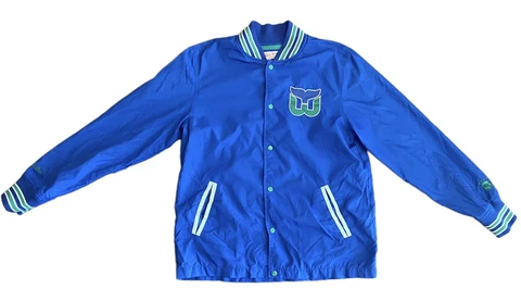 Rare NHL Hartford Whalers Blue Mitchell & Ness Letter Jacket Mens Medium USED Cover