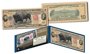 Bison Buffalo / Lewis & Clark 1901 $10 Banknote on Modern Genuine $10 U.S. Bill - Picture 1 of 3