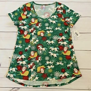 LuLaRoe Damen Large Grün Kurzarm Weihnachtsshirt Einhorn Weihnachtsmann Stretch - Bild 1 von 9