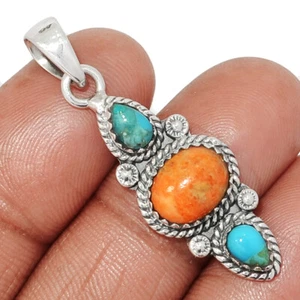 Southwest - Composite Coral & Mohave Blue Turquoise 925 Silver Pendant CP65478 - Picture 1 of 1