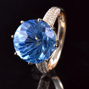 Anillo de piedra de nacimiento de topacio azul redondo de diamantes naturales oro amarillo liso 14K - Imagen 1 de 4