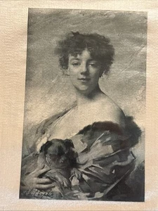 ANTIKER CHARLES JOSHUA CHAPLIN (1825-1891) DRUCK AUF SEIDE JUNGE DAME MIT HUND - Bild 1 von 11