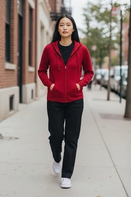 LORD & TAYLOR  Women’s Dark Red 100% Cashmere Two-way zip Hoodie EUC Sz. PM - Image 1 of 4