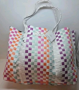 NUEVO Bolso de Compras Kate Spade Multicolor Cesta Tejido Arco Iris Playa - Imagen 1 de 5