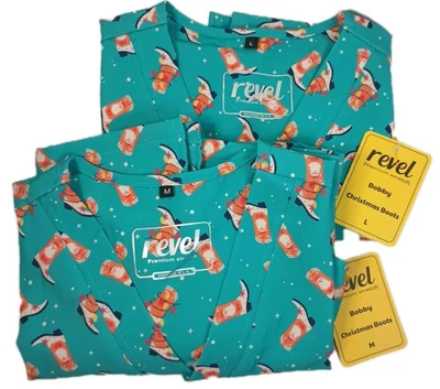 Green Revel Christmas Santa Cowboy Boots  Scrub Top New  Choice  S M  L 4 Pocket - Image 1 of 4