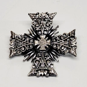 Accessocraft NYC Maltese Cross Sunburst - Silver Pewter Tone Brooch Filigee Pin - Picture 1 of 3