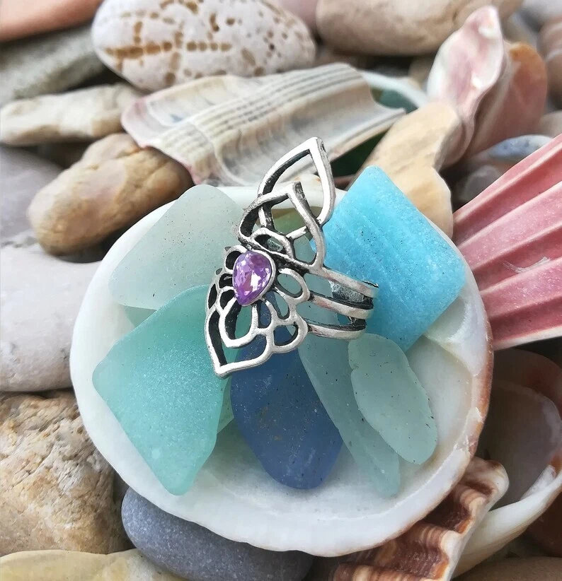 ANELLO FIOR DI LOTO AMETISTA IN ARGENTO TIBETANO 300, CRISTALLO GOCCIA AMETISTA - Immagine 1 di 4