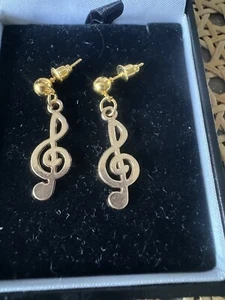 Gold Plated Stud Earrings With Treble Clef Charms - Picture 1 of 2