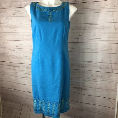 VESTIDO MANGA SAG HARBOR AZUL VERDE AZULADO TALLA M? CAMBIO DE LINO TANQUE BORDADO CUENTAS Foto 1 de 4