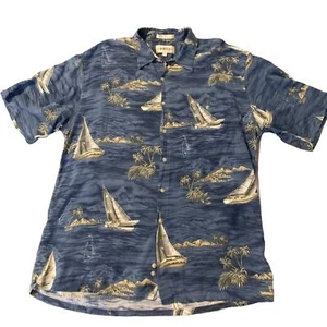 Campia Moda Shirt Men Large Blue Beige Nautical Waves Sail Boats Hawaiian Beachy - Picture 1 of 11
