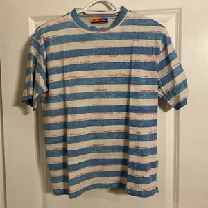 Saturdays Vintage Mens Small Crewneck T Shirt Striped Print White Blue 90s 80s - Picture 1 of 3