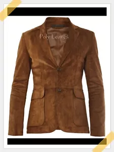 Brown Leather Blazer Men Pure Suede Coat Jacket 2 Button Size S to 4XL New - Picture 1 of 3