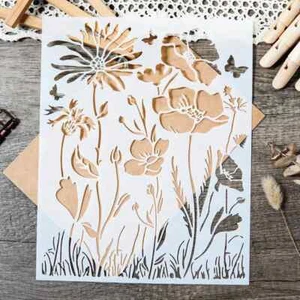 Flower Stencil with Leaves & Grass Reusable Floral Stencil Template 25cm x 20cm - Picture 1 of 3